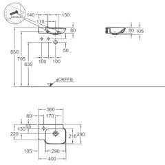Myday/ Lavabo Batarya Deliği Solda, Taşma Delisiz 400x105x280 mm Beyaz 125440